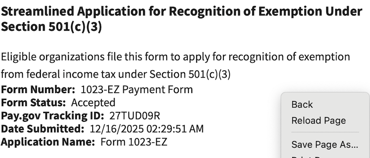 IRS Form 1023-EZ submission confirmation showing accepted status